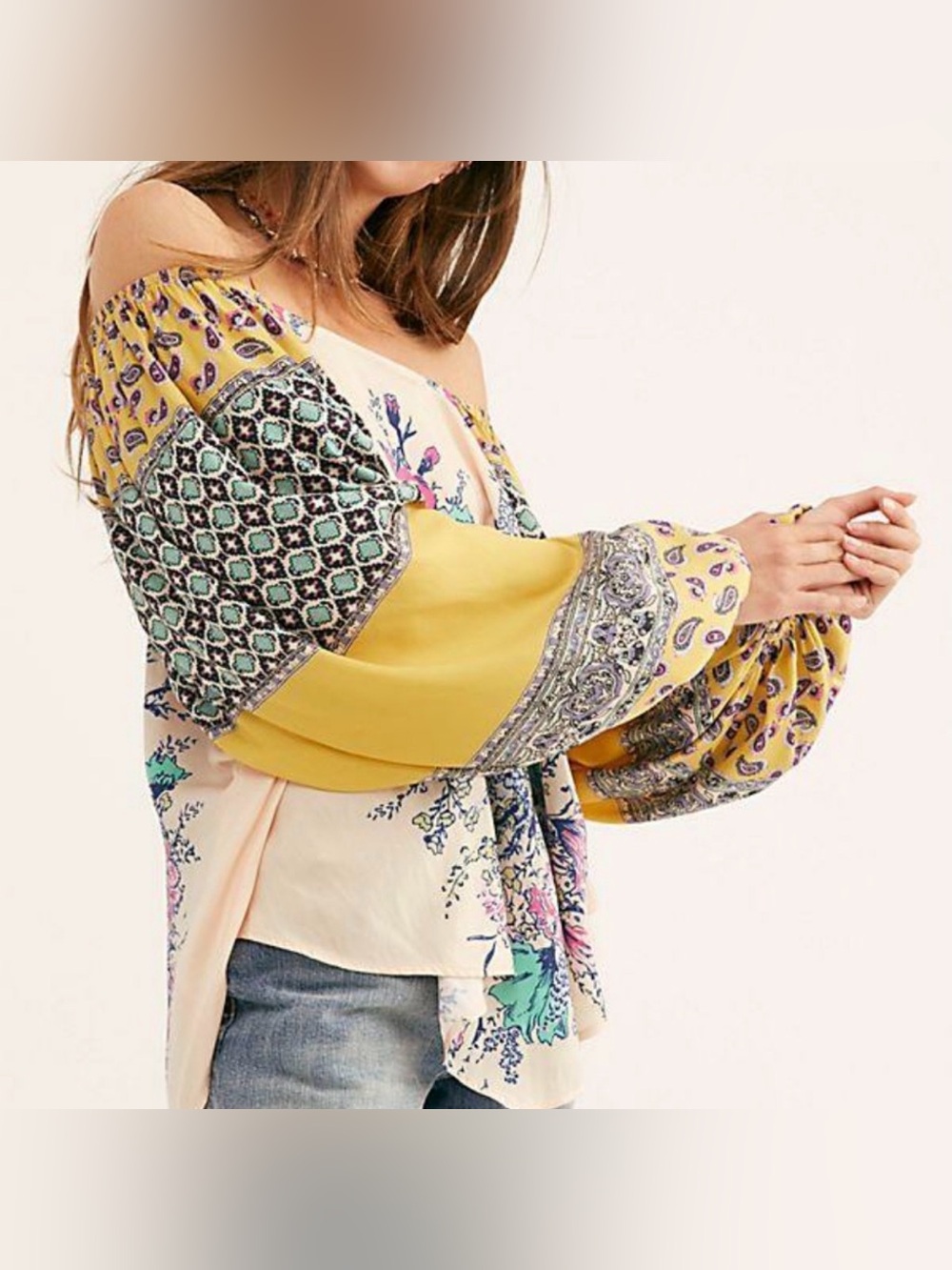 Free People Positano Printed Blouse Sz XS Peach Floral Off Shoulder Boho Y2K - Picture 4 of 15